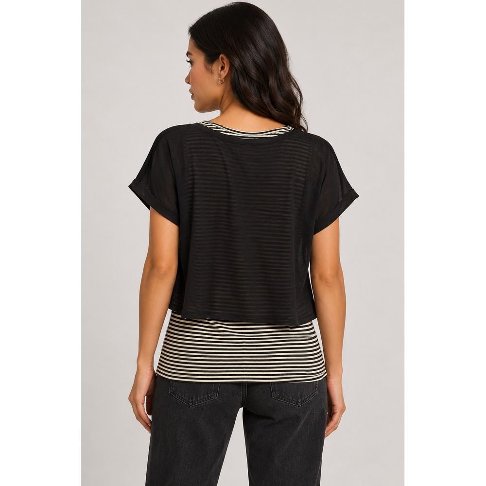 Chico's Layered Top Women 2 Black Excellent Striped Chiffon Overlay Tee